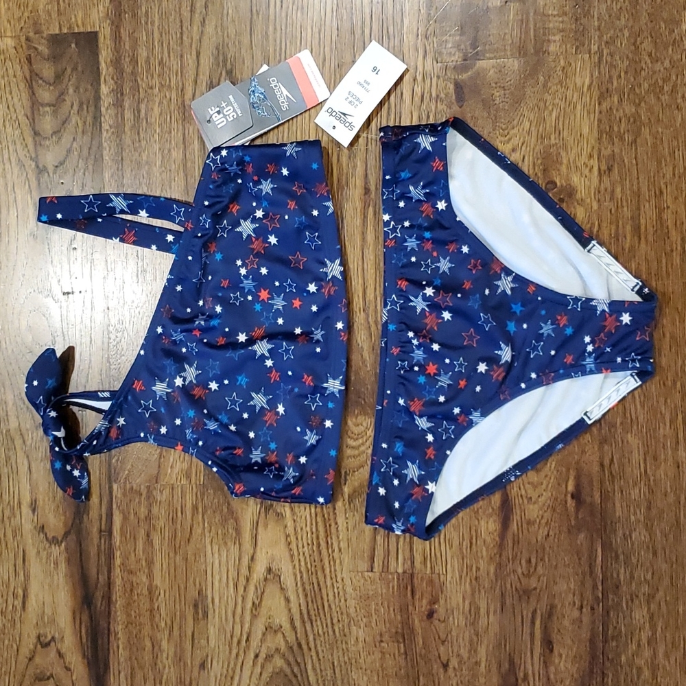 Girls Speedo blue stars print 2 piece swimsuit size 16
